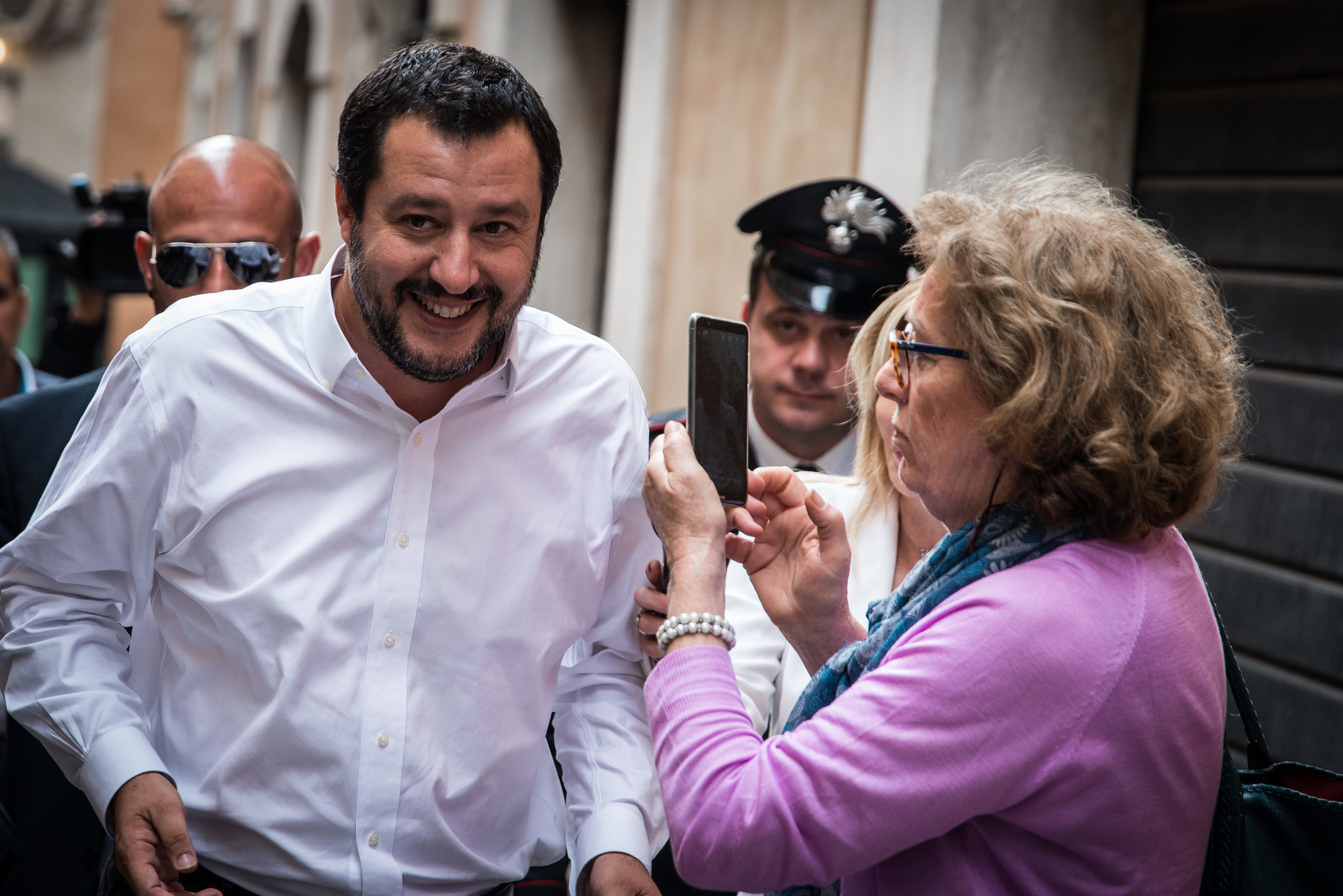 Pressekonferenz der italienischen Lega Nord mit Vorsitzendem und neuem Innenminister Matteo Salvini (vorne links)